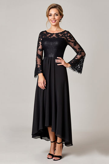Black High Low Lace Applique Mother of the Bride Dress with Long Sleeves